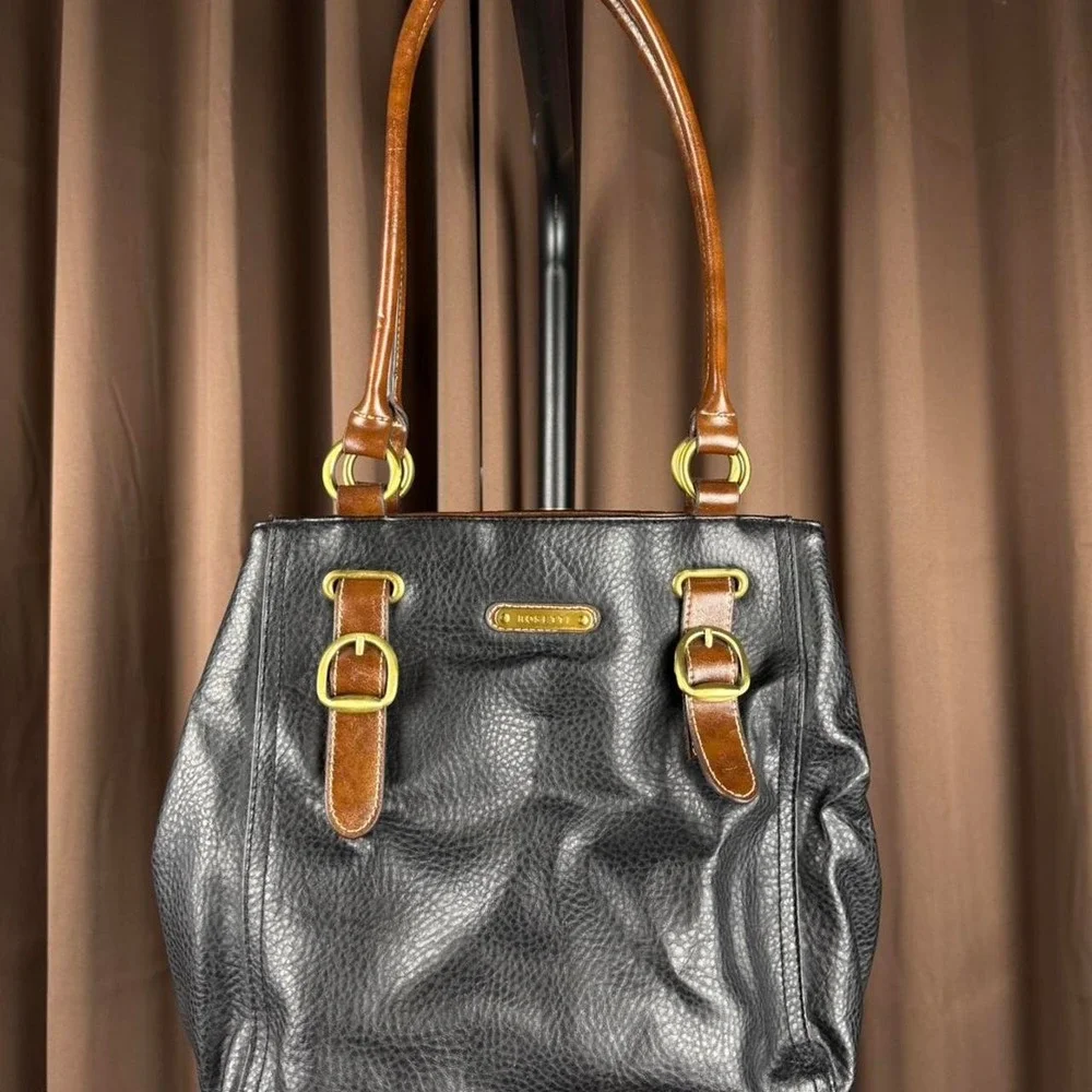 Rosetti Black Faux Leather Shoulder Bag Brown Trim Gold Hardware Tote
